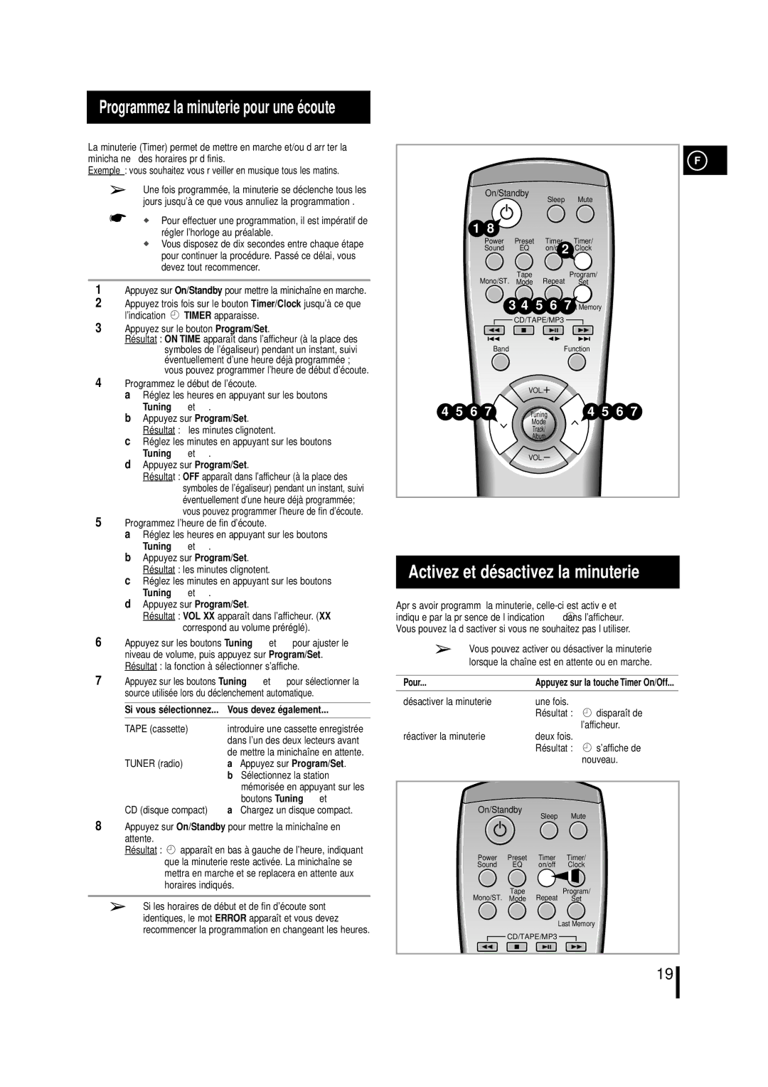 Samsung MMZL7RH/ELS manual Activez et désactivez la minuterie, Programmez la minuterie pour une écoute, Tuning et 