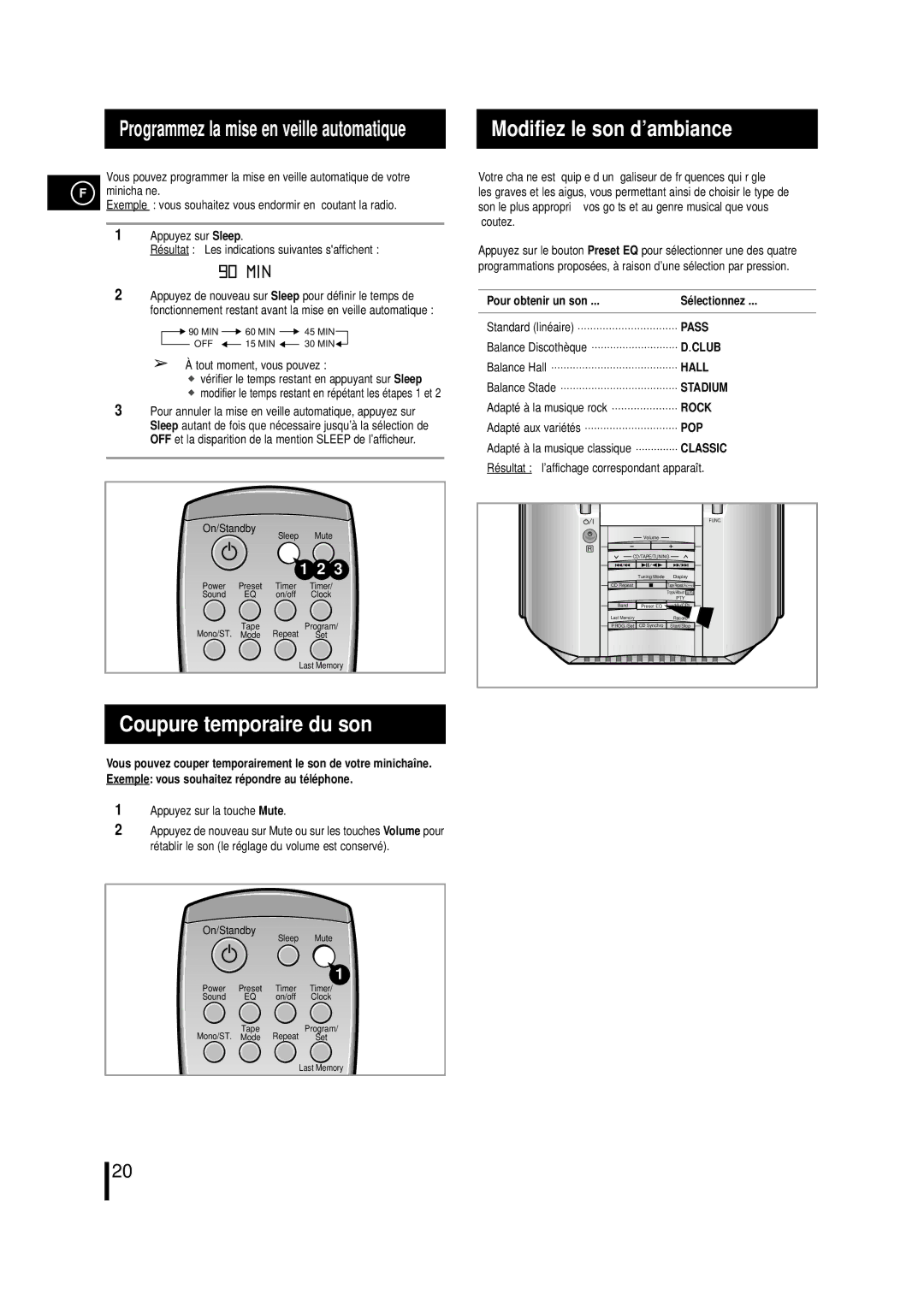 Samsung MMZL7RH/ELS manual Modifiez le son d’ambiance, Coupure temporaire du son, Minichaîne 