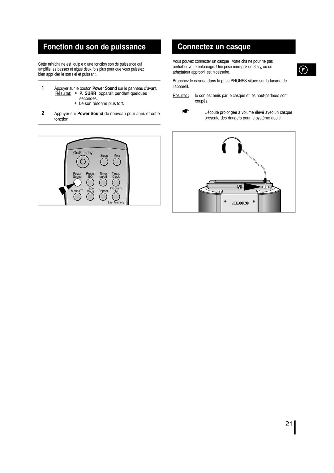 Samsung MMZL7RH/ELS manual Fonction du son de puissance, Connectez un casque, Adaptateur approprié est nécessaire 