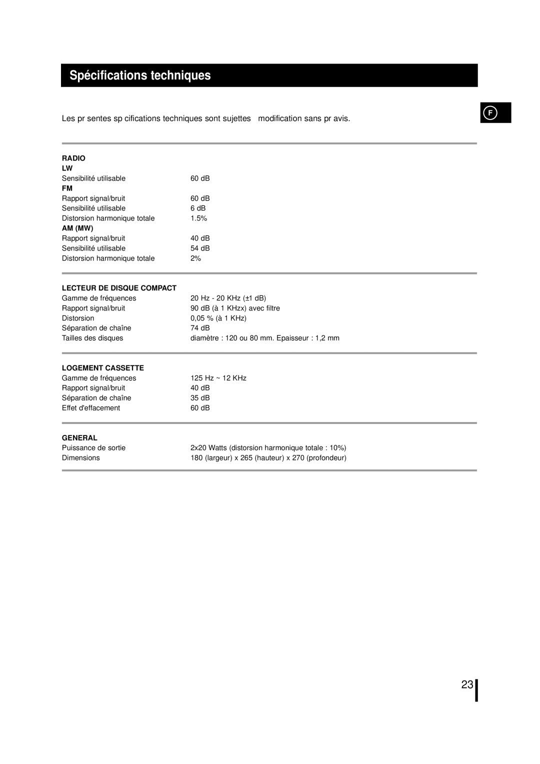 Samsung MMZL7RH/ELS manual Spé cifications techniques, Lecteur DE Disque Compact 