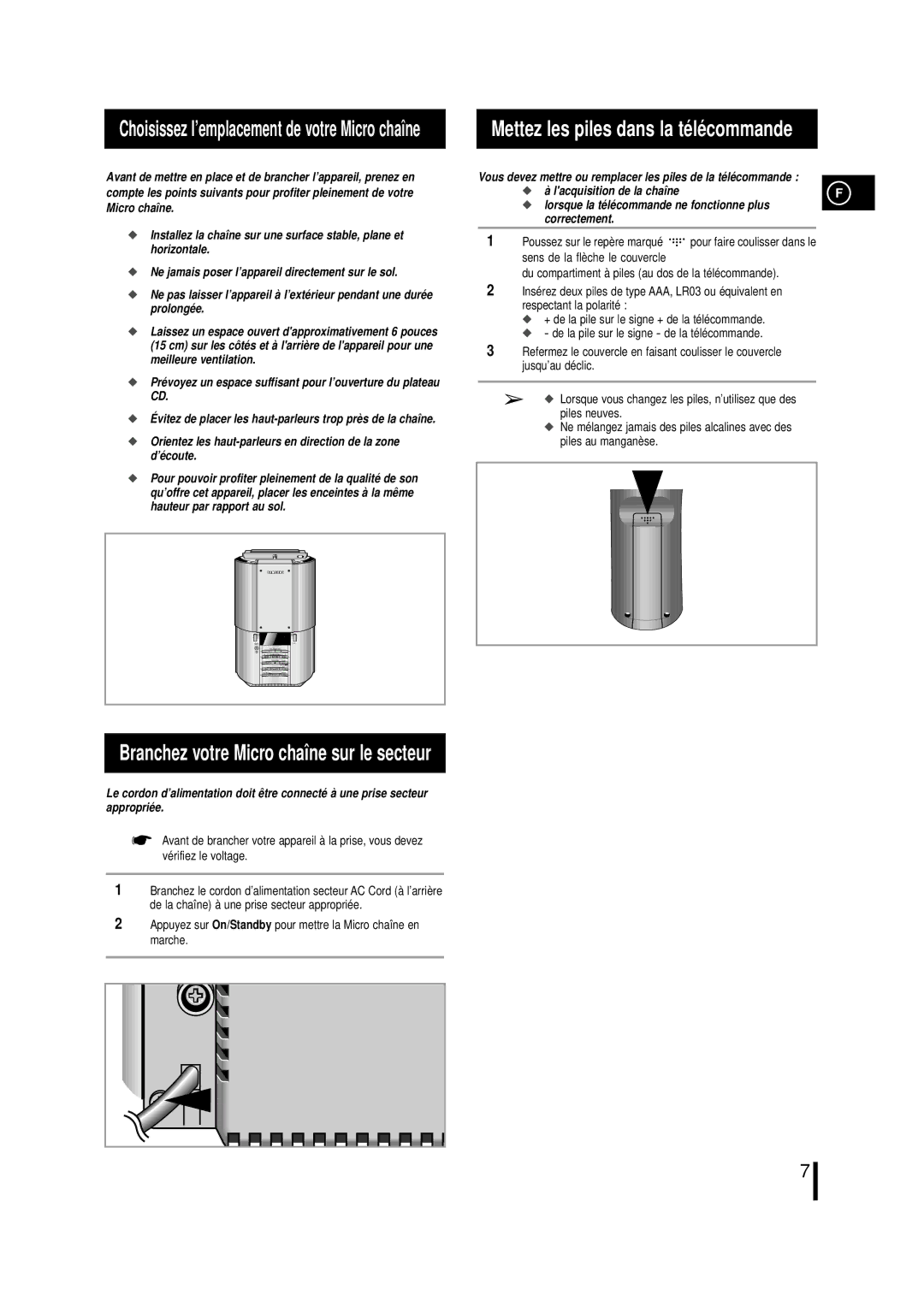 Samsung MMZL7RH/ELS manual Mettez les piles dans la télécommande, Branchez votre Micro chaîne sur le secteur 