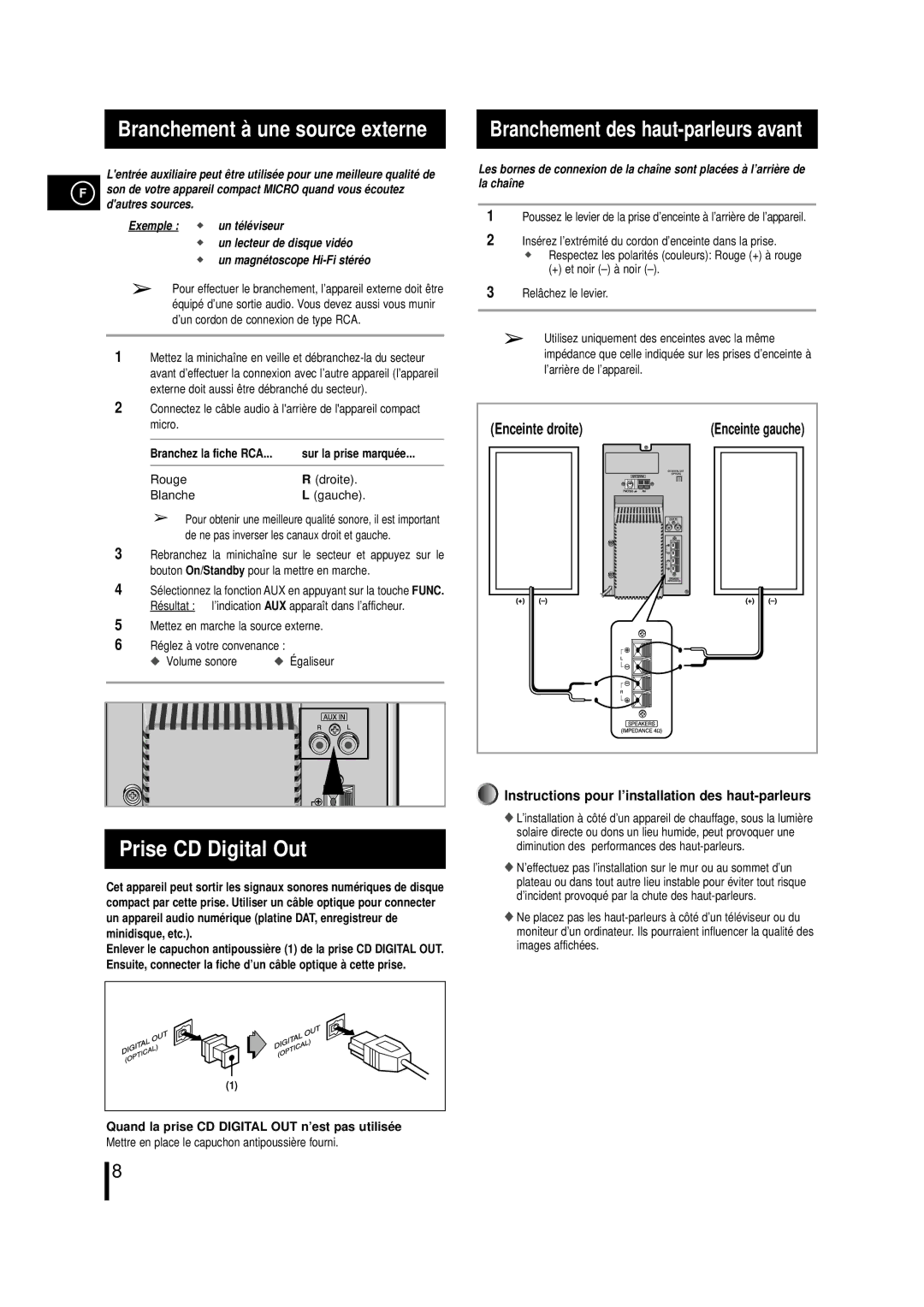 Samsung MMZL7RH/ELS manual Prise CD Digital Out, Branchement des haut-parleurs avant, Branchez la fiche RCA 