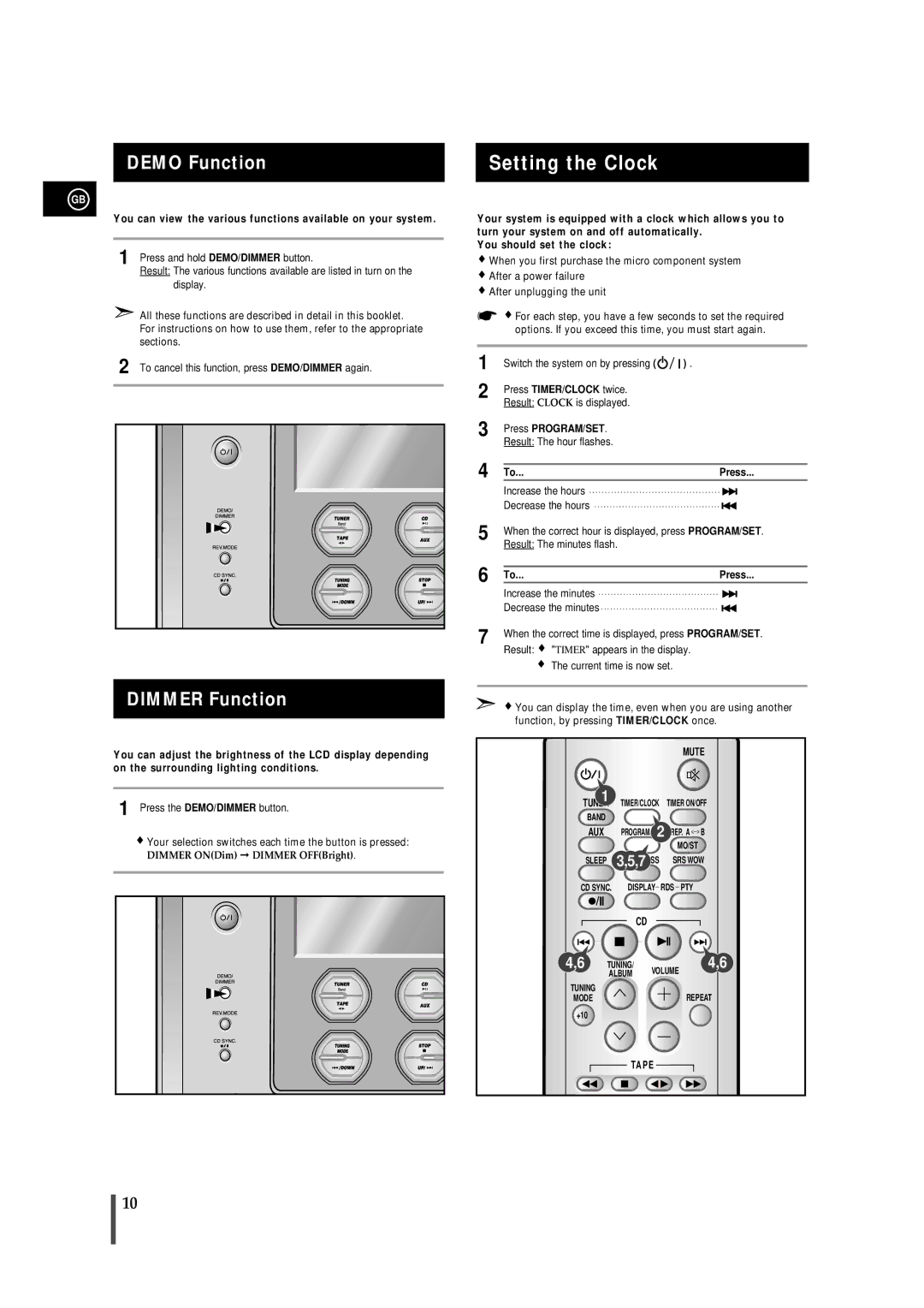 Samsung MMZS8RH/ELS, MMZS8QH/XFO manual Setting the Clock, Demo Function, Dimmer Function, Press PROGRAM/SET 