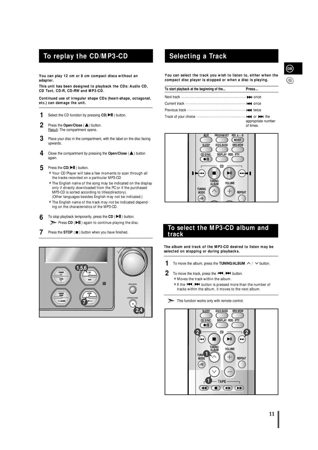 Samsung MMZS8QH/XFO manual To replay the CD/MP3-CD, Selecting a Track, To select the MP3-CD album and track, Times, Tape 