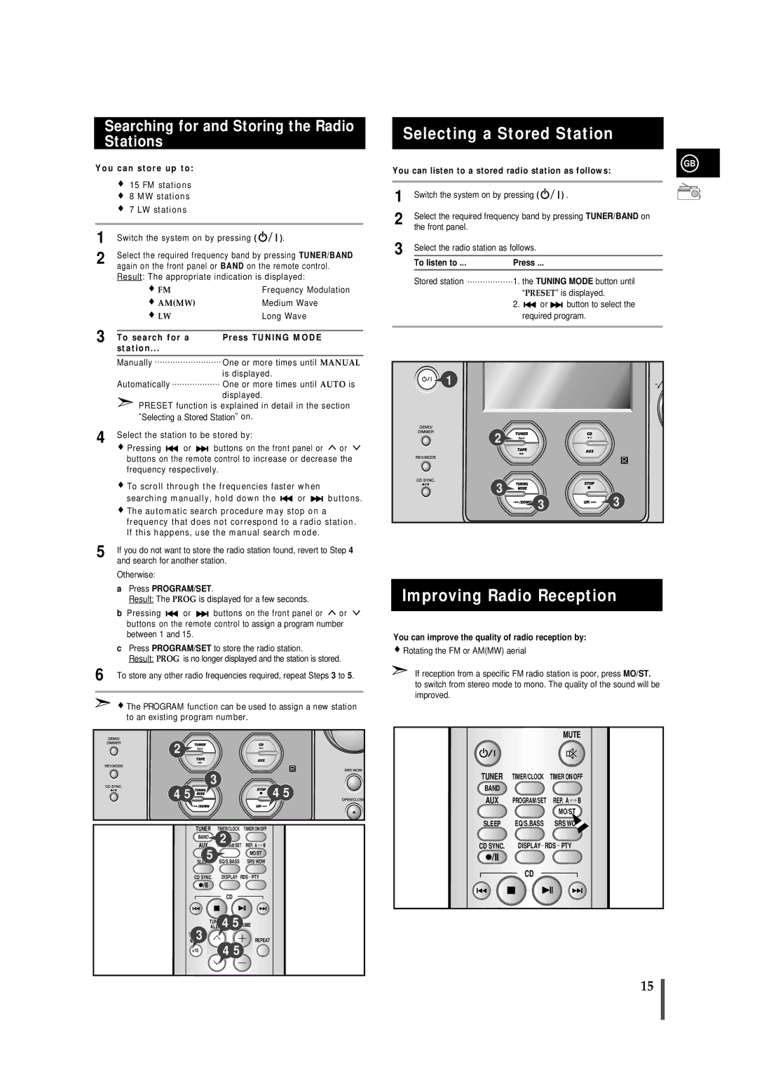 Samsung MMZS8QH/XFO, MMZS8RH/ELS manual Selecting a Stored Station, Improving Radio Reception, To listen to Press 