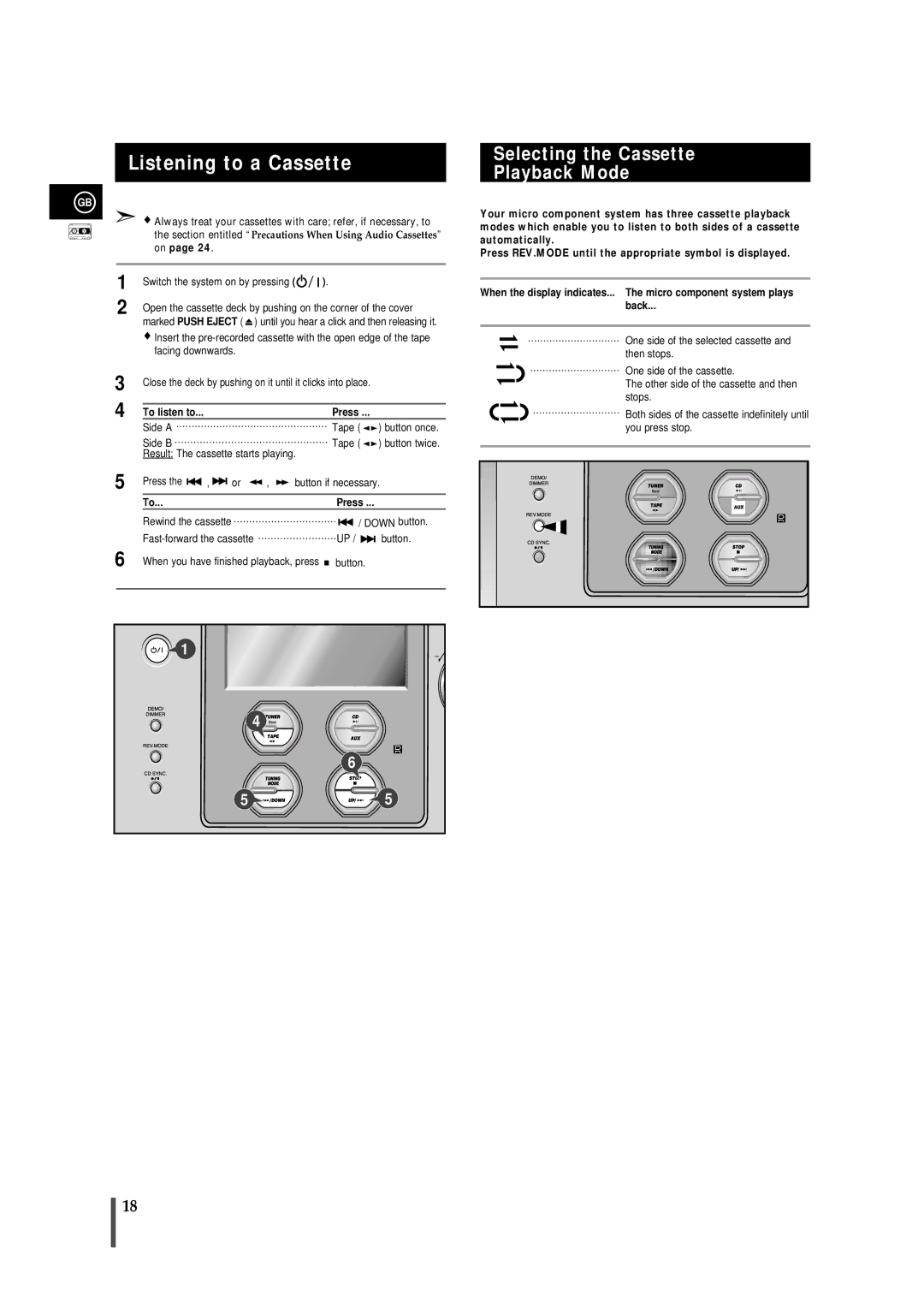 Samsung MMZS8RH/ELS, MMZS8QH/XFO manual Listening to a Cassette, Selecting the Cassette Playback Mode 