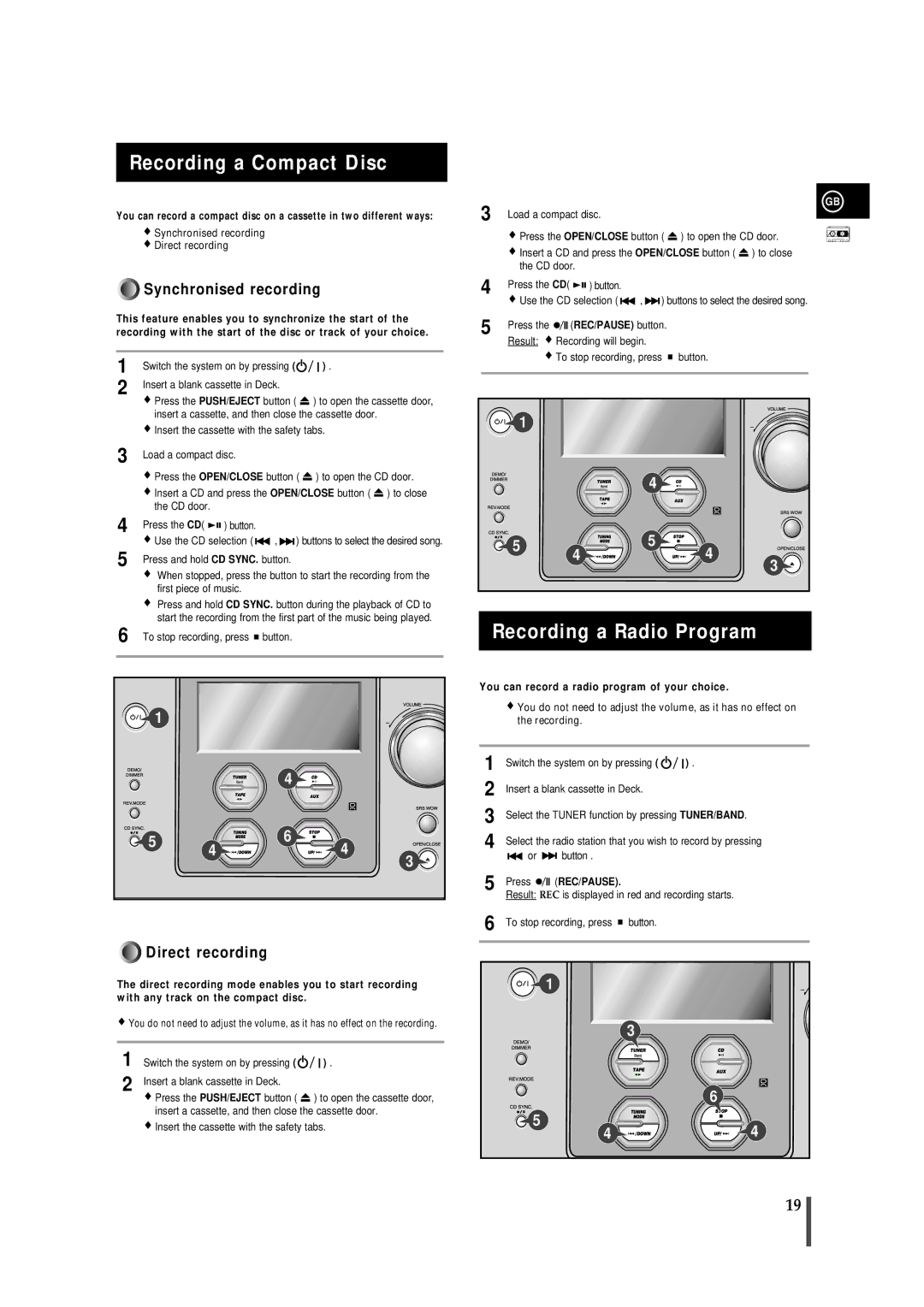 Samsung MMZS8QH/XFO, MMZS8RH/ELS manual Recording a Compact Disc, Recording a Radio Program, REC/PAUSE button 