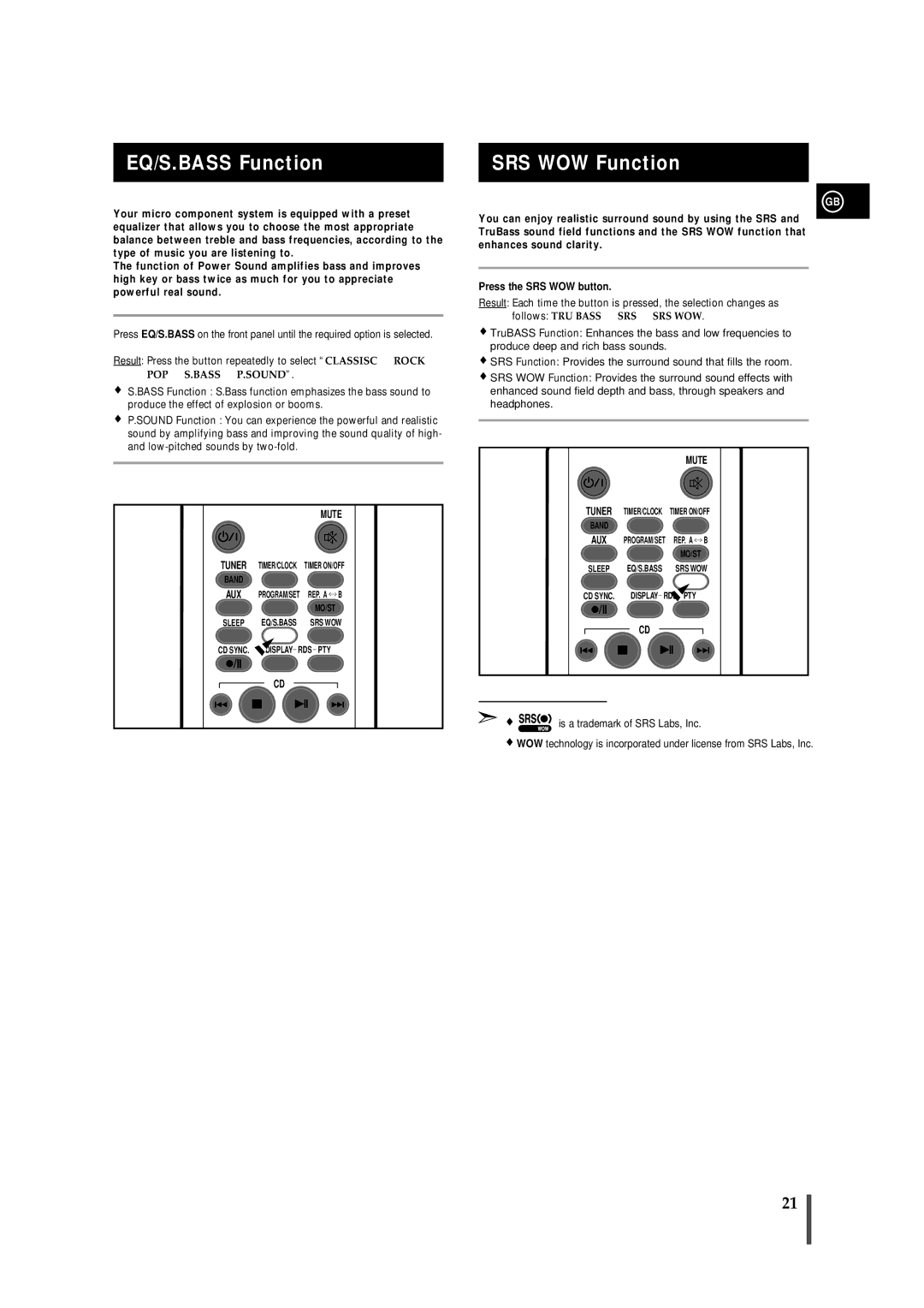 Samsung MMZS8QH/XFO, MMZS8RH/ELS manual EQ/S.BASS Function, SRS WOW Function 