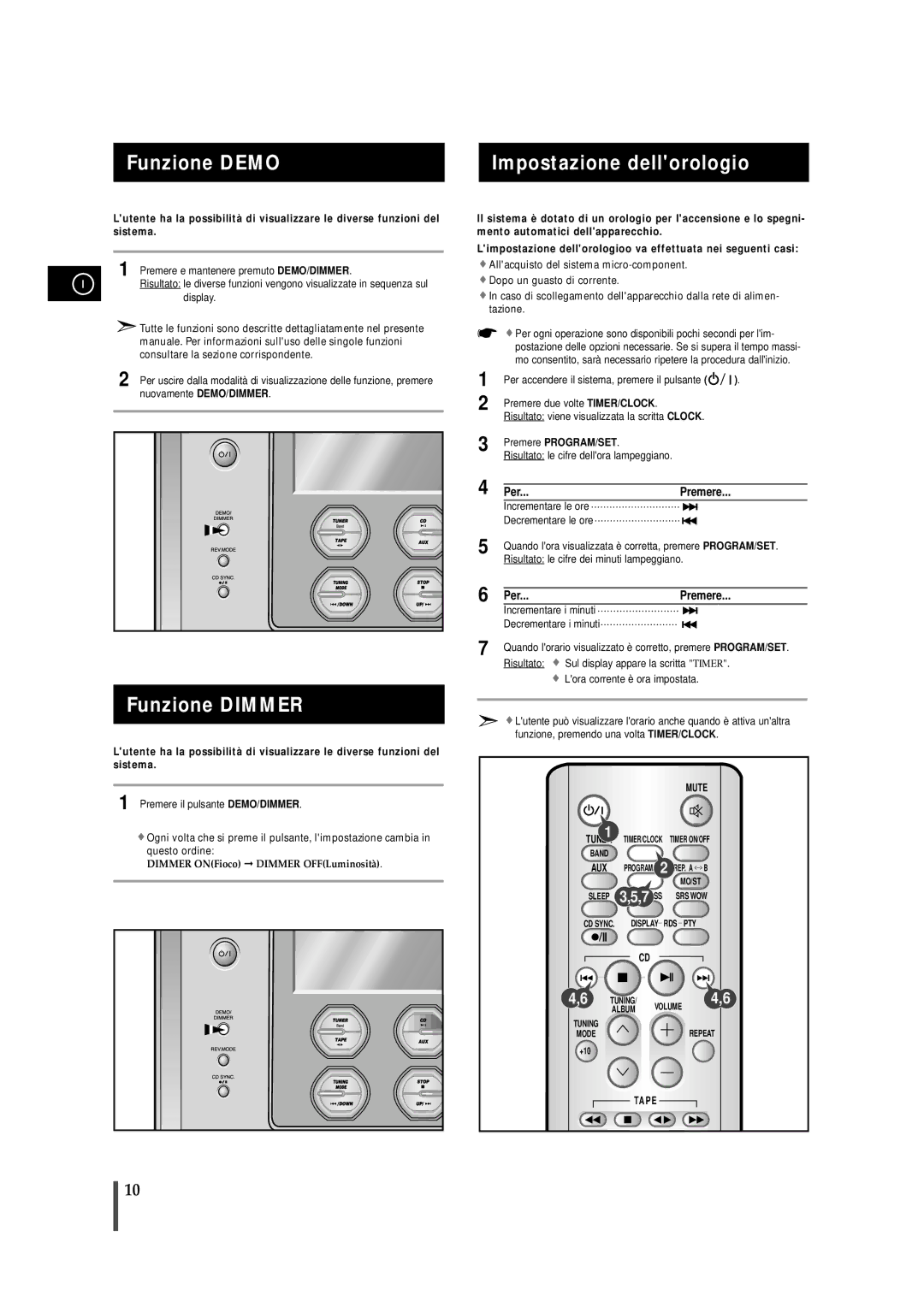 Samsung MMZS8RH/ELS, MMZS8QH/XFO Funzione Demo Impostazione dellorologio, Funzione Dimmer, Premere PROGRAM/SET, Mute, Tape 