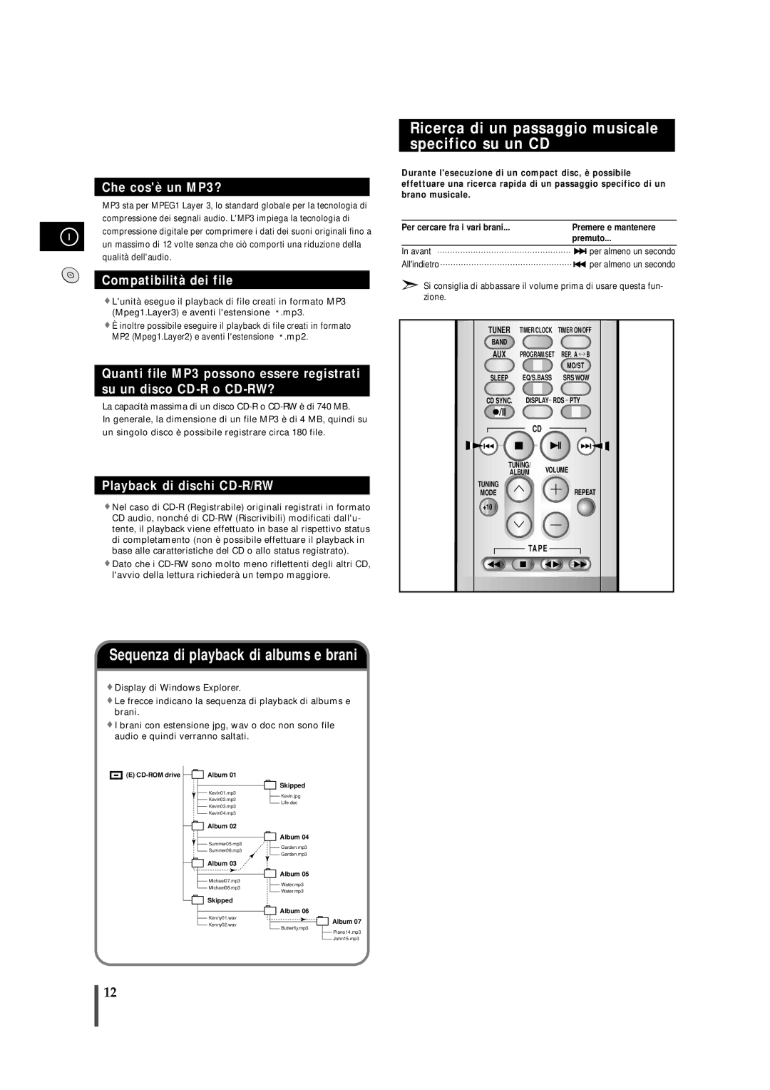 Samsung MMZS8RH/ELS manual Ricerca di un passaggio musicale specifico su un CD, Sequenza di playback di albums e brani 