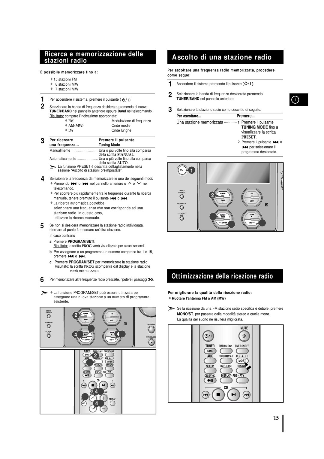 Samsung MMZS8QH/XFO, MMZS8RH/ELS manual Ascolto di una stazione radio, Ottimizzazione della ricezione radio 