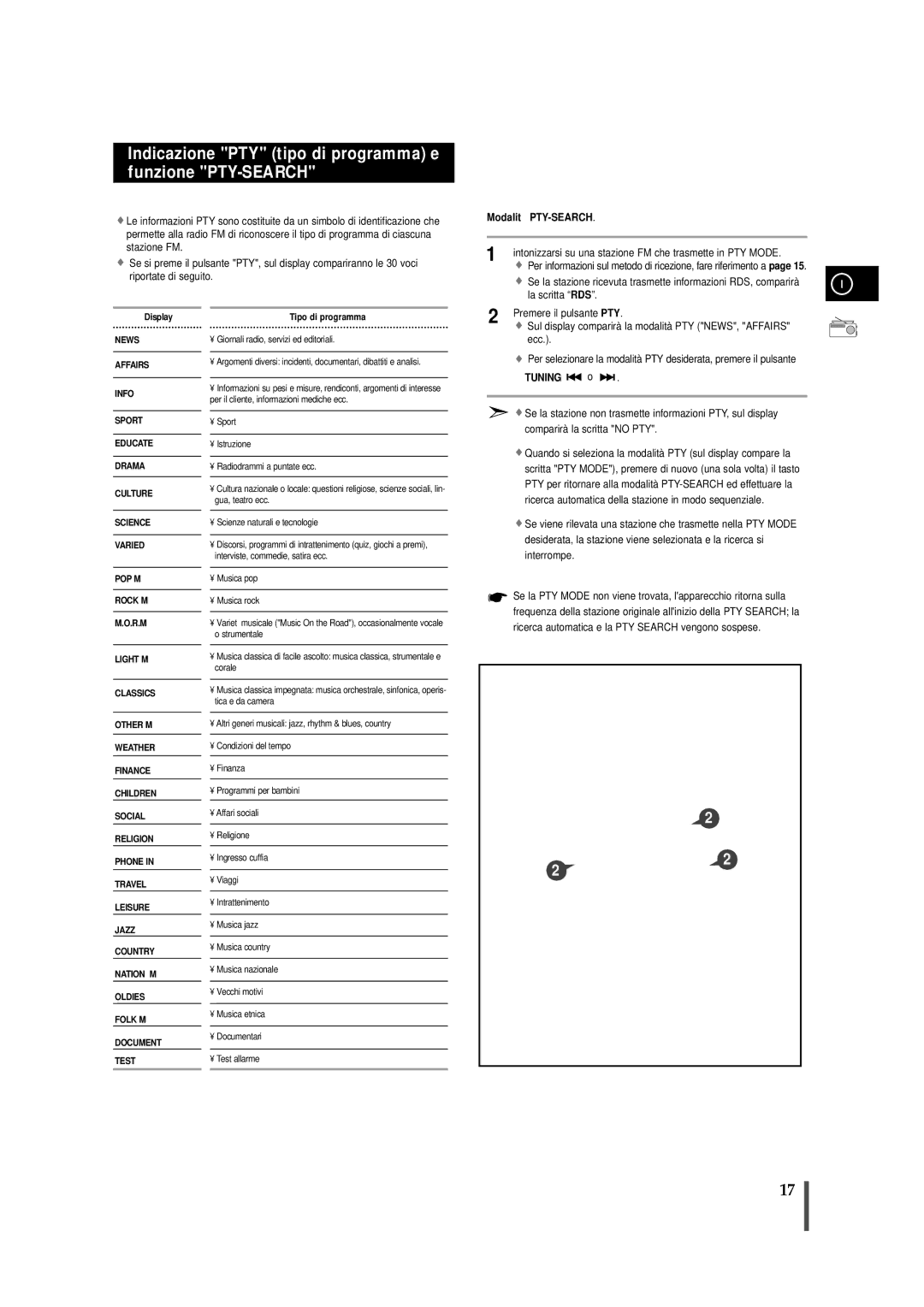 Samsung MMZS8QH/XFO manual Modalità PTY-SEARCH, Intonizzarsi su una stazione FM che trasmette in PTY Mode, Ecc, Tuning 