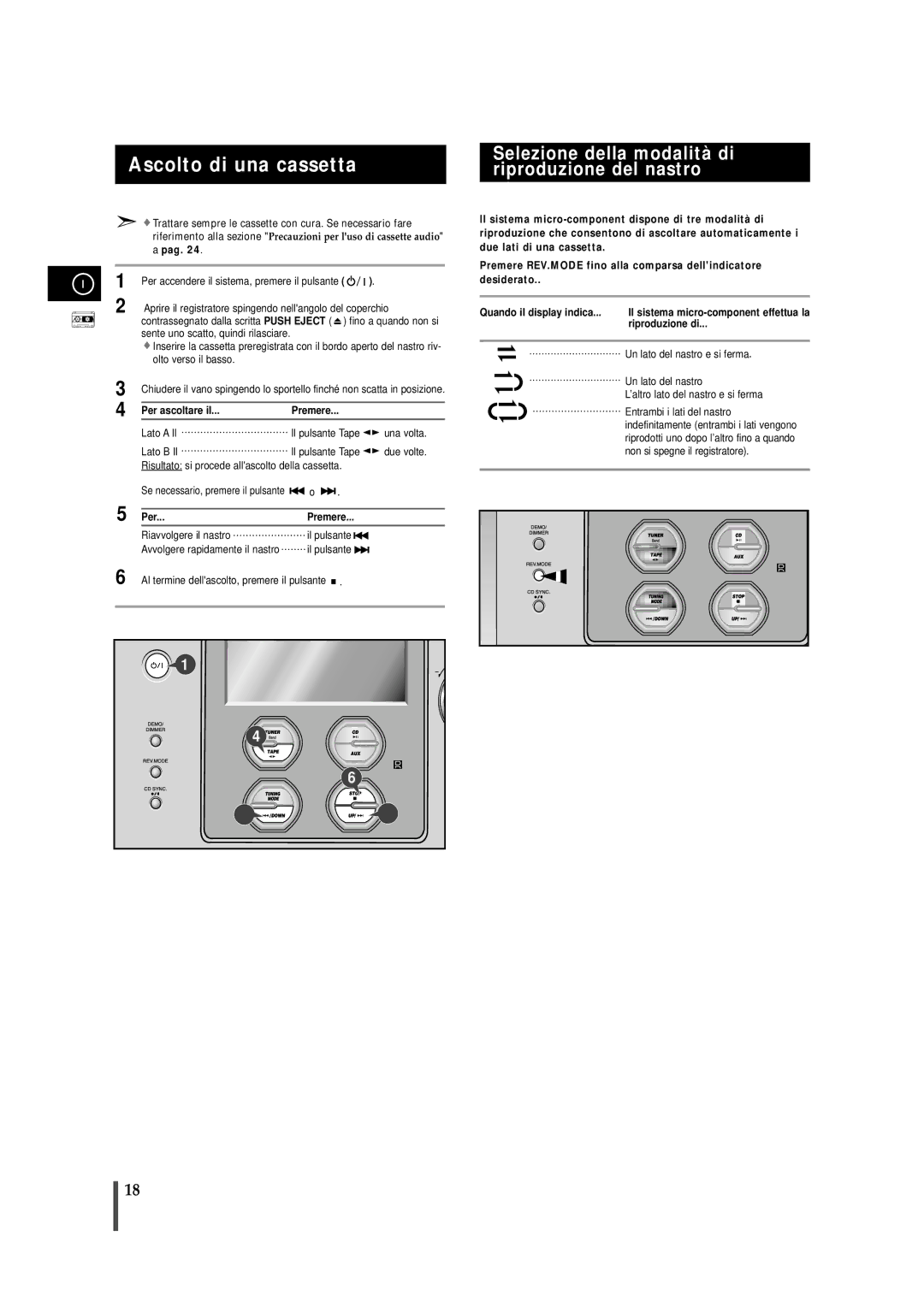 Samsung MMZS8RH/ELS, MMZS8QH/XFO manual Ascolto di una cassetta, Selezione della modalità di, Riproduzione del nastro 