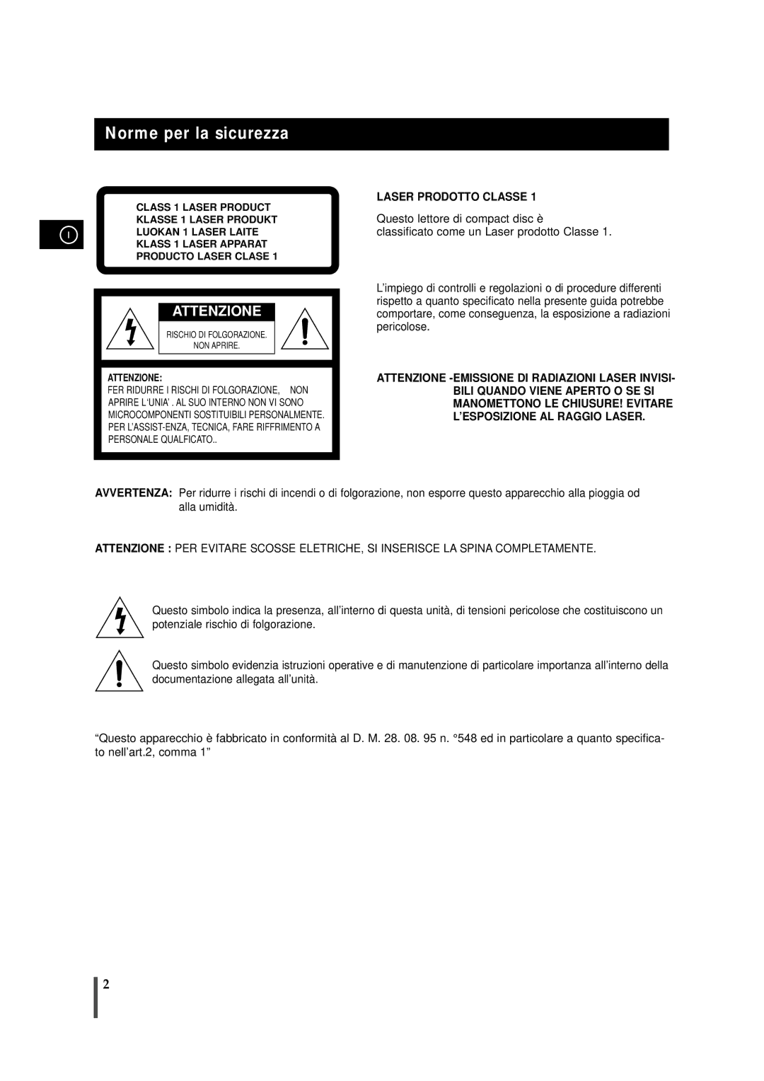 Samsung MMZS8RH/ELS, MMZS8QH/XFO manual Norme per la sicurezza, Laser Prodotto Classe 