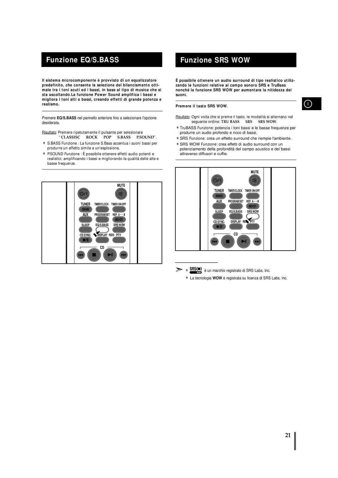 Samsung MMZS8QH/XFO, MMZS8RH/ELS manual Funzione EQ/S.BASS Funzione SRS WOW, Classisc Rock POP S.BASS P.SOUND 