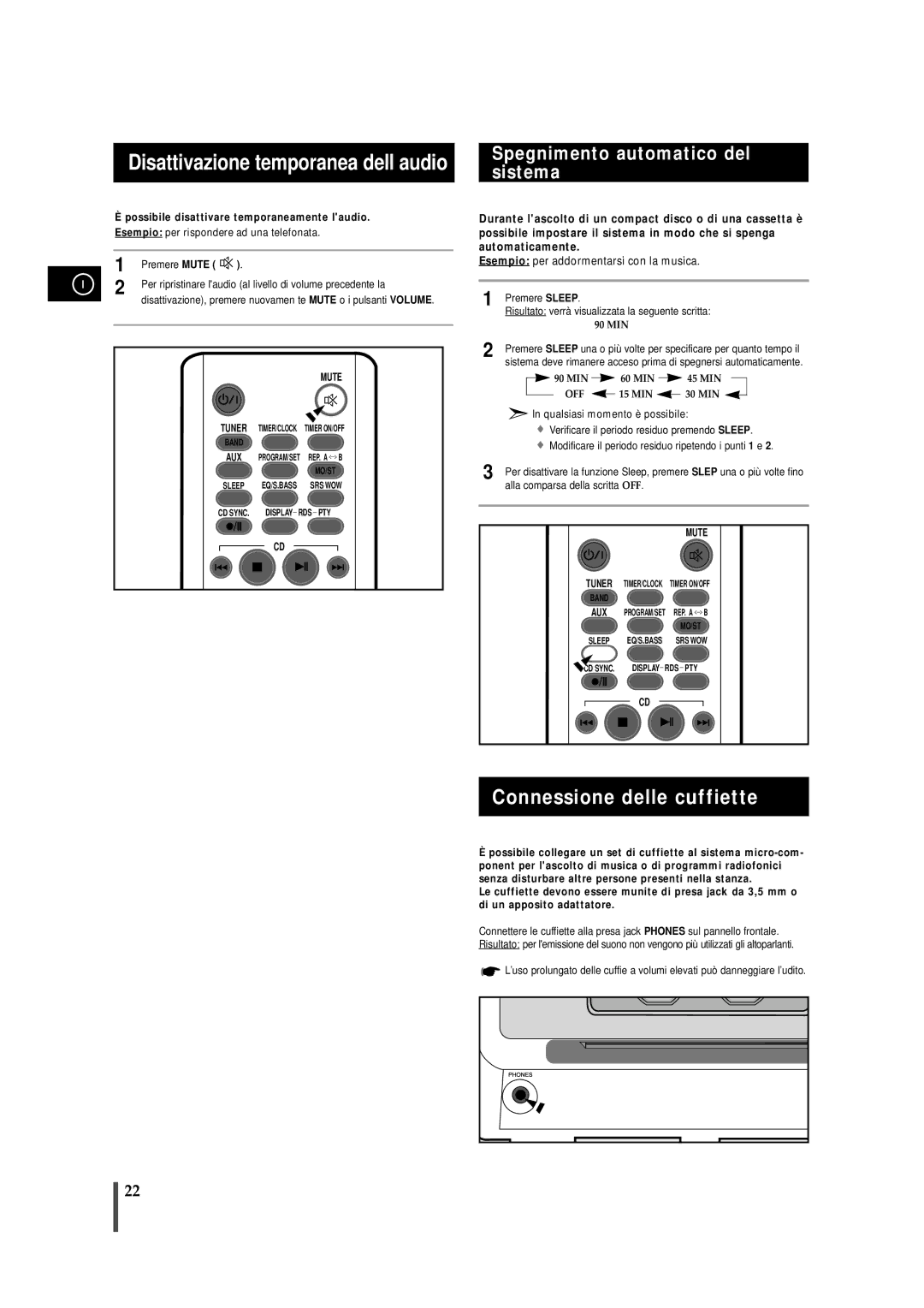 Samsung MMZS8RH/ELS, MMZS8QH/XFO manual Connessione delle cuffiette, Spegnimento automatico del sistema 