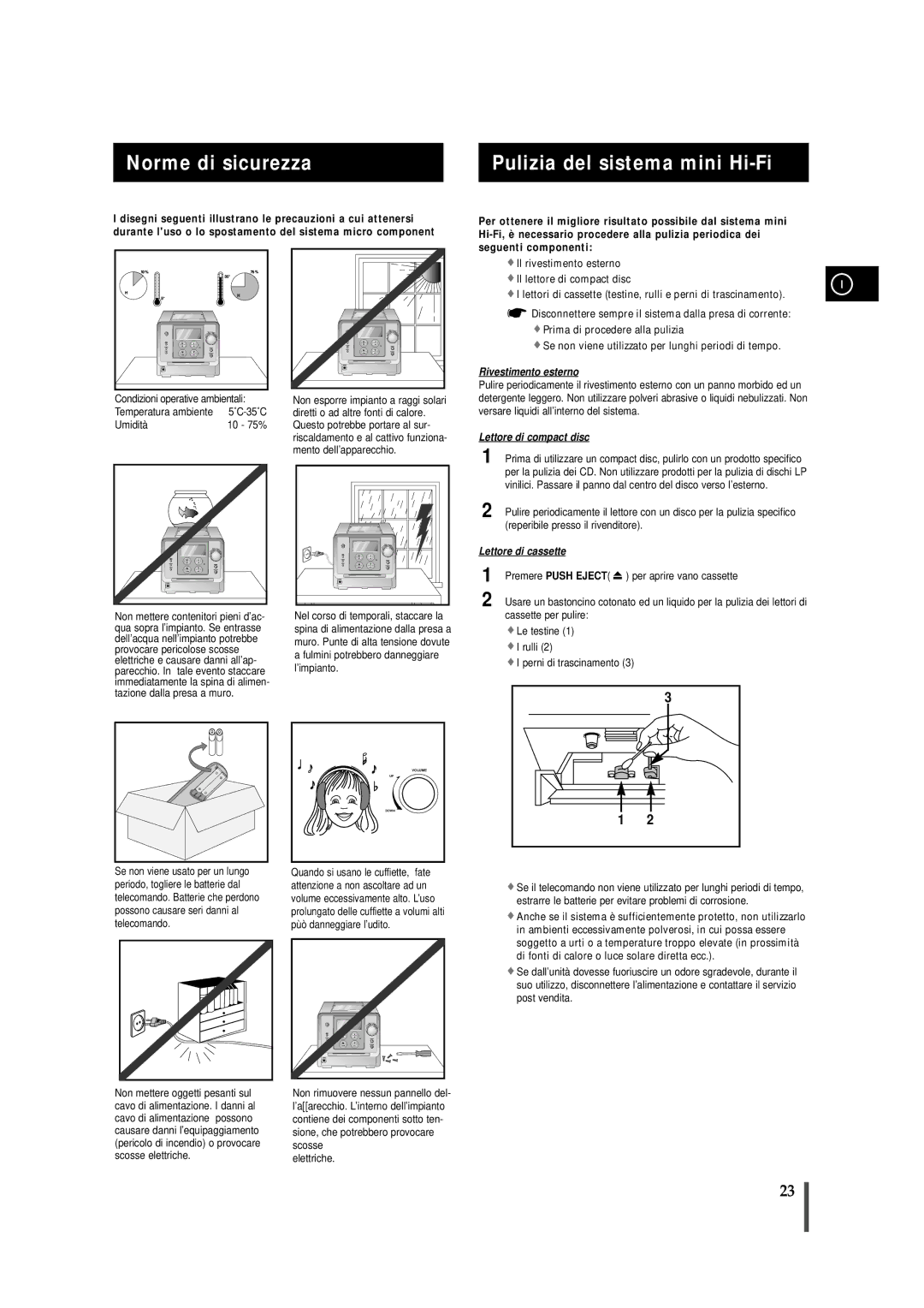 Samsung MMZS8QH/XFO, MMZS8RH/ELS manual Norme di sicurezza Pulizia del sistema mini Hi-Fi, Premere Push Eject 