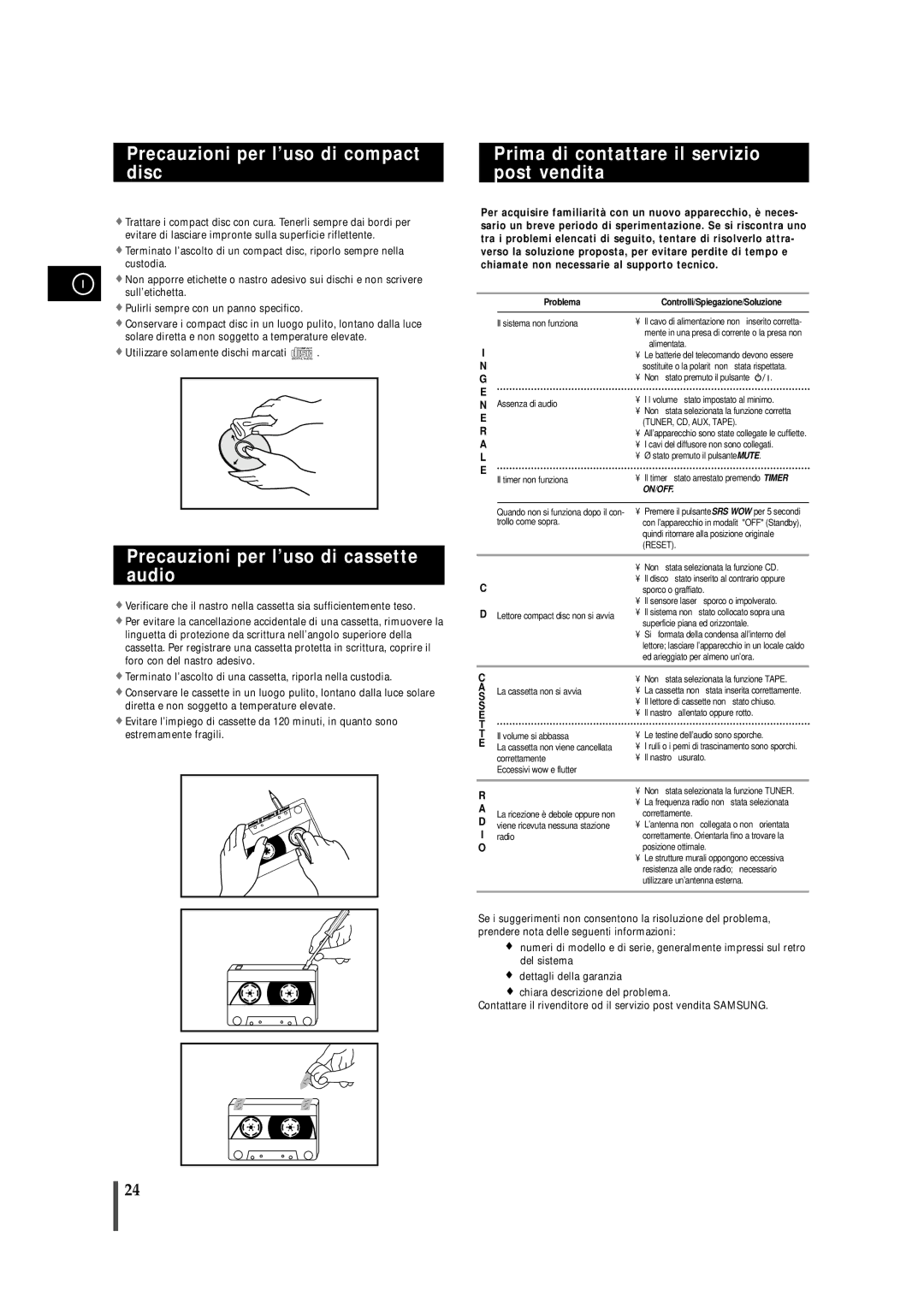 Samsung MMZS8RH/ELS, MMZS8QH/XFO Precauzioni per l’uso di compact disc, Prima di contattare il servizio post vendita, A L 