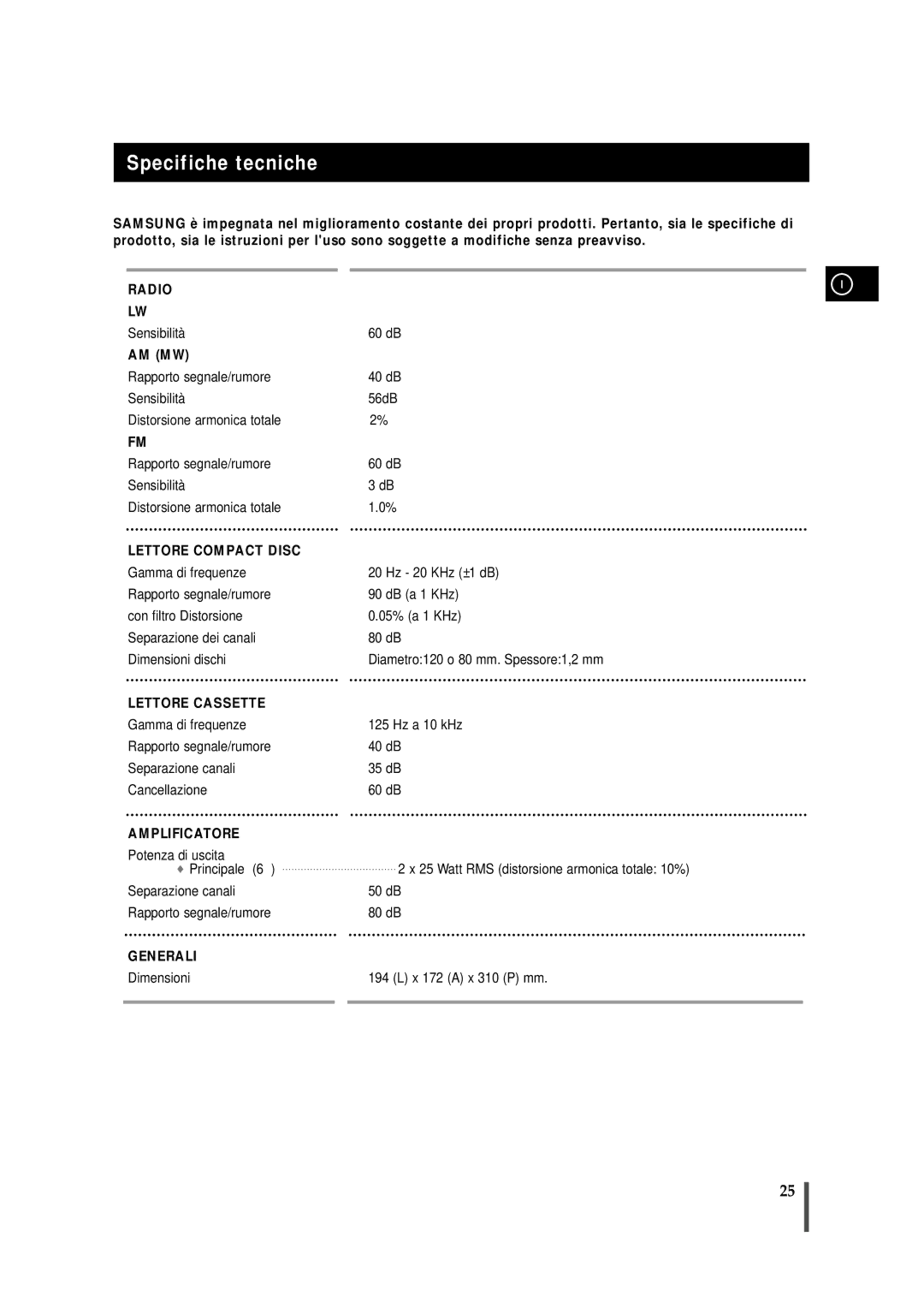 Samsung MMZS8QH/XFO, MMZS8RH/ELS manual Specifiche tecniche, Lettore Compact Disc 