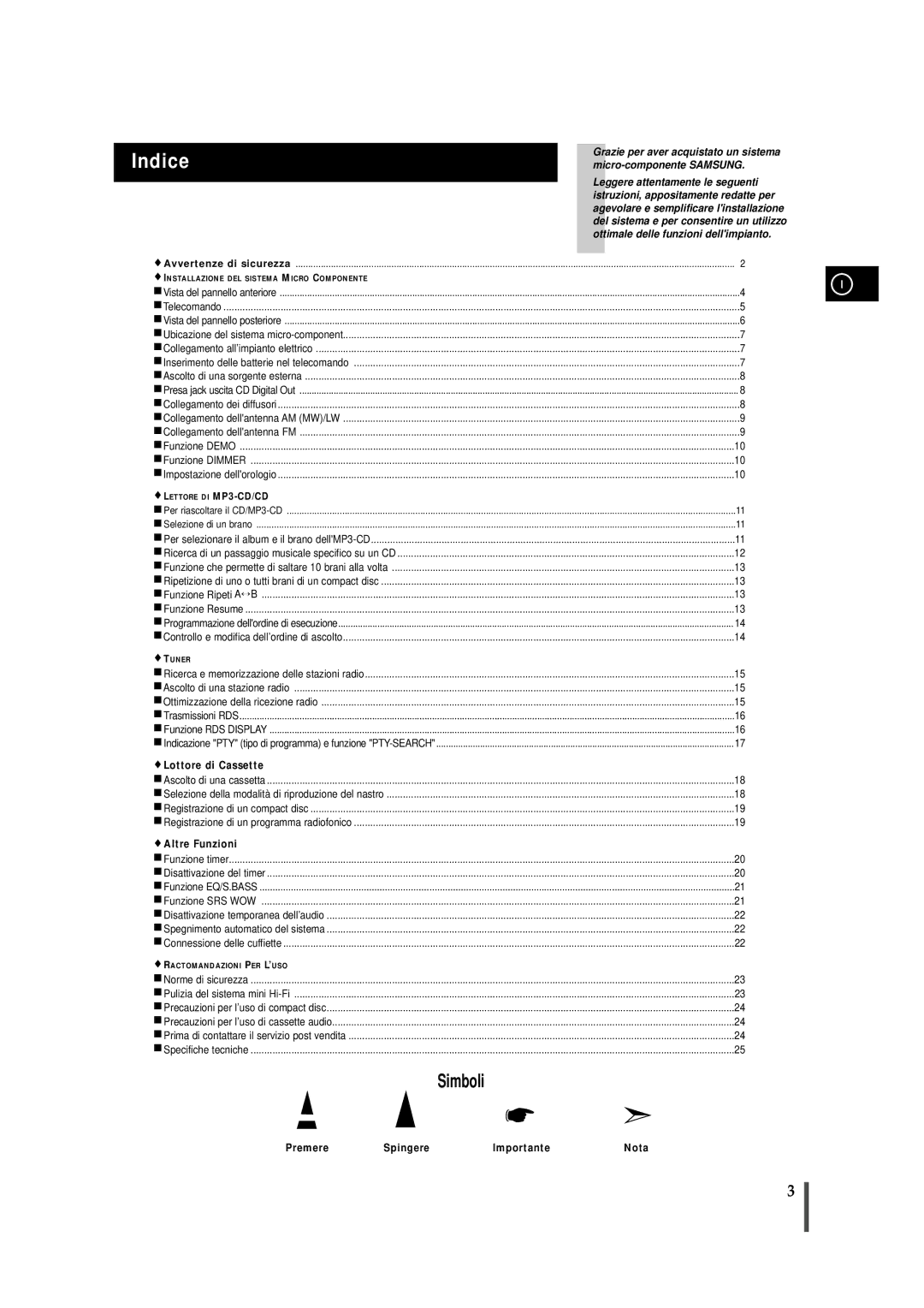 Samsung MMZS8QH/XFO, MMZS8RH/ELS manual Indice, Installazione DEL Sistema Micro Componente 