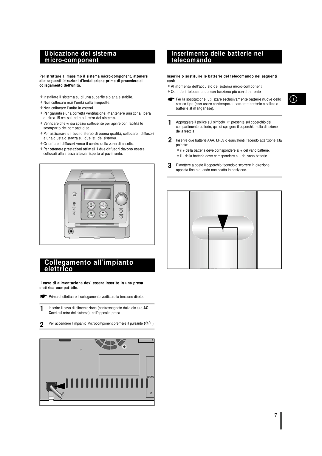 Samsung MMZS8QH/XFO manual Collegamento all’impianto elettrico, Cord sul retro del sistema nellapposita presa, Polarità 