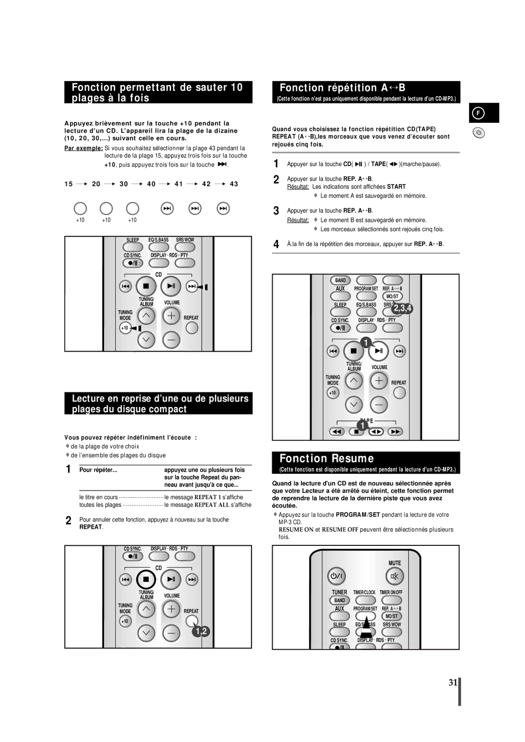 Samsung MMZS8RH/ELS Fonction Resume, Fonction permettant de sauter 10 plages à la fois, Fonction répétition A↔ B, Repeat 