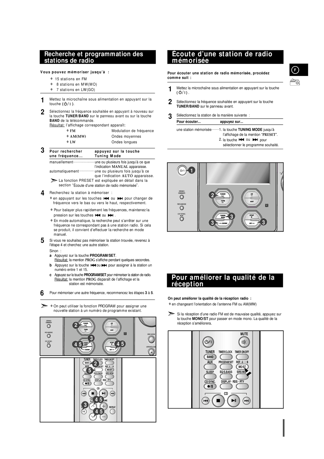 Samsung MMZS8RH/ELS manual Écoute d’une station de radio mémorisée, Pour améliorer la qualité de la réception 