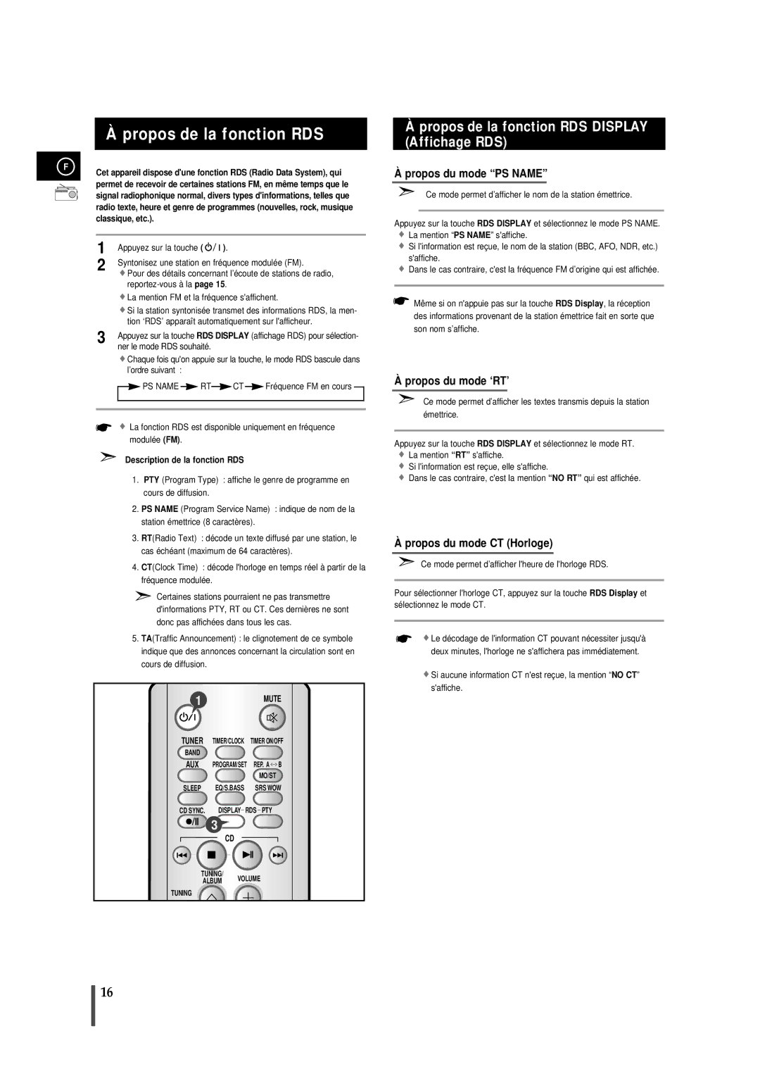 Samsung MMZS8RH/ELS manual Propos de la fonction RDS, Description de la fonction RDS, 1MUTE 