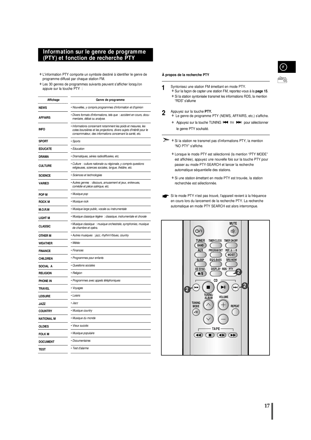 Samsung MMZS8RH/ELS manual Propos de la recherche PTY, Syntonisez une station FM émettant en mode PTY 