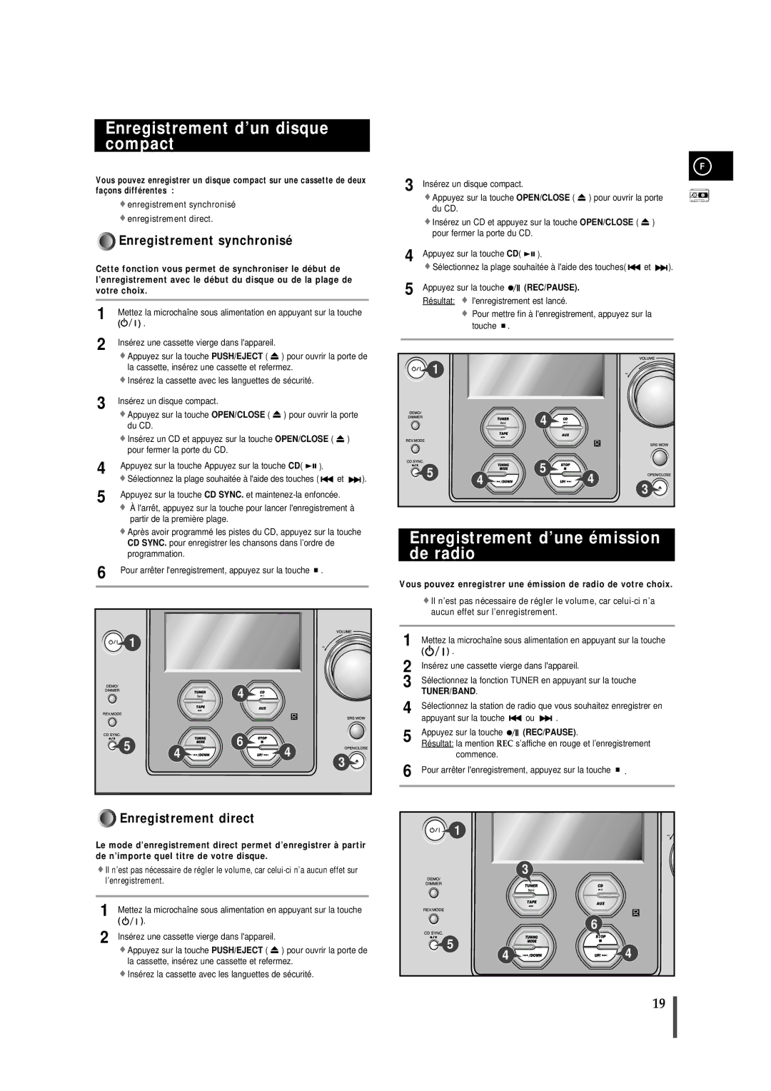 Samsung MMZS8RH/ELS Enregistrement d’un disque compact, Enregistrement d’une émission de radio, Tuner/Band, Rec/Pause 