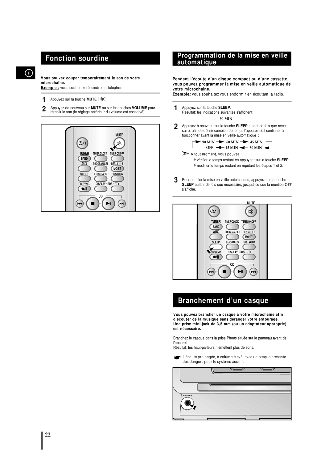 Samsung MMZS8RH/ELS manual Fonction sourdine, Branchement d’un casque, Programmation de la mise en veille automatique 