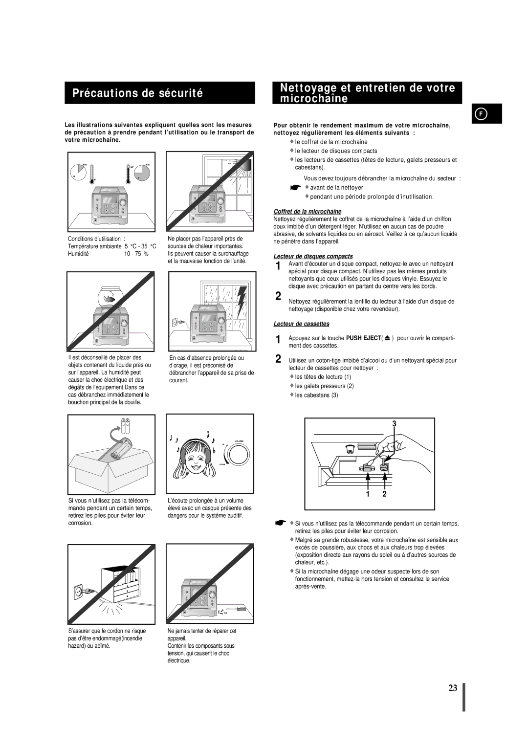 Samsung MMZS8RH/ELS manual Précautions de sécurité, Nettoyage et entretien de votre microchaîne 