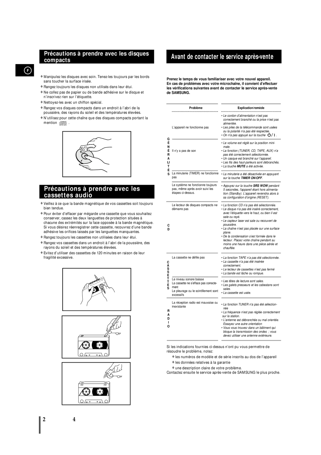 Samsung MMZS8RH/ELS manual Avant de contacter le service après-vente, Précautions à prendre avec les cassettes audio 