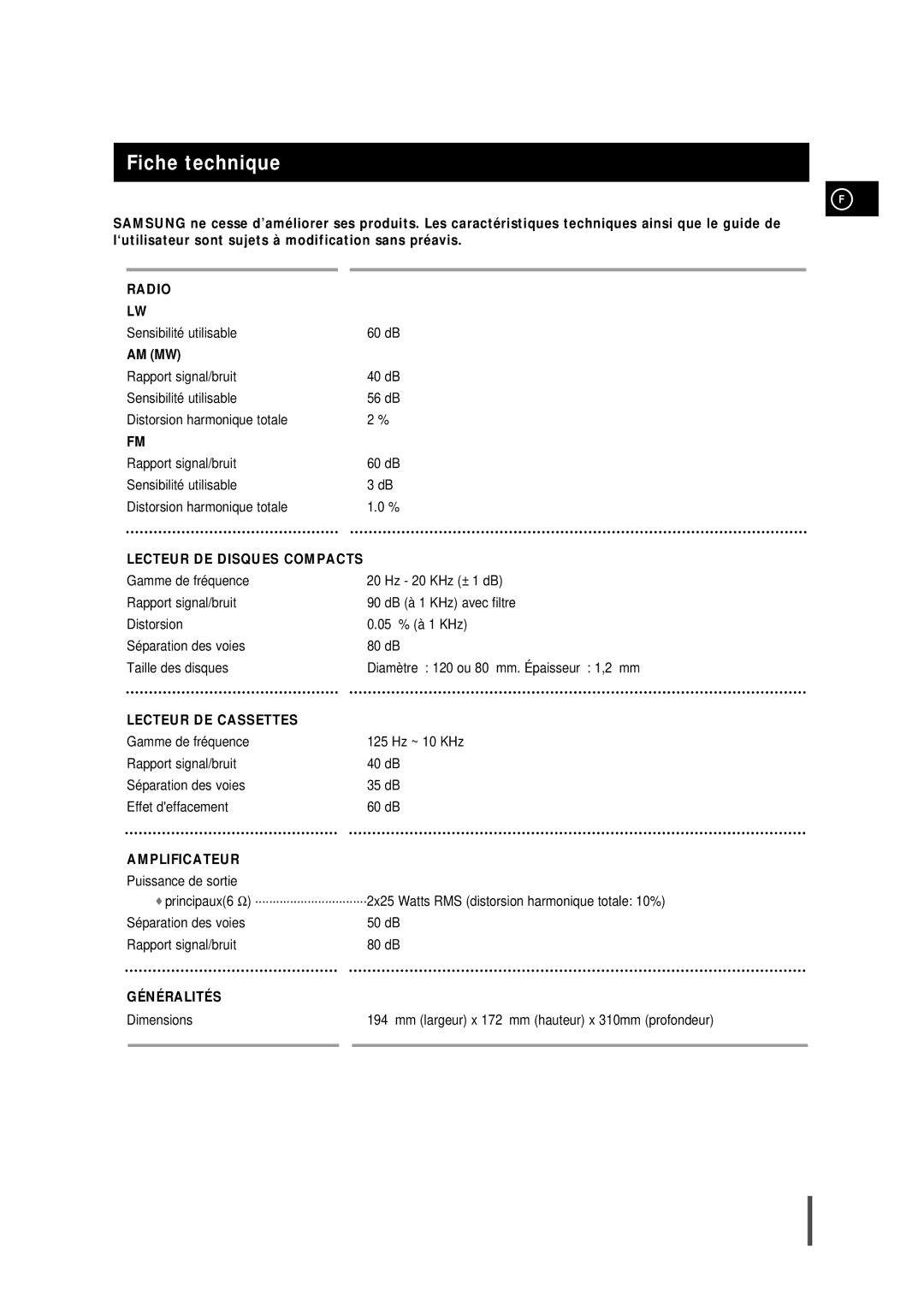 Samsung MMZS8RH/ELS manual Fiche technique, Am Mw 