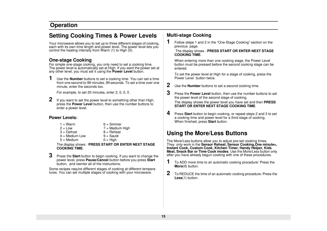 Samsung MO1450WA owner manual Operation Setting Cooking Times & Power Levels, One-stage Cooking 