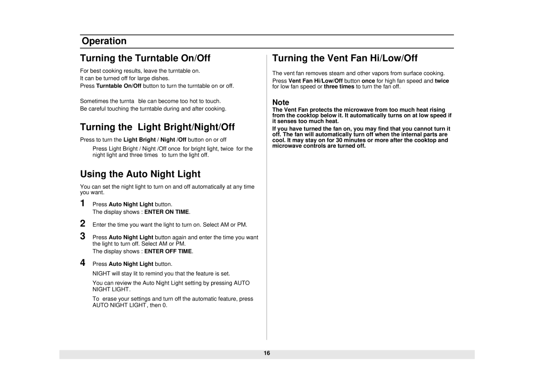 Samsung MO1450WA Operation Turning the Turntable On/Off, Turning the Light Bright/Night/Off, Using the Auto Night Light 