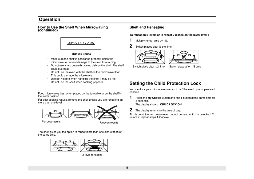 Samsung MO1450WA Operation, Setting the Child Protection Lock, How to Use the Shelf When Microwaving, Shelf and Reheating 