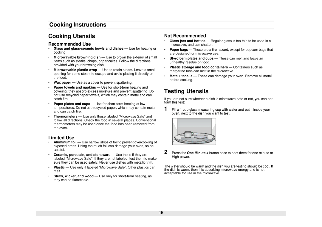 Samsung MO1450WA Cooking Instructions Cooking Utensils, Testing Utensils, Recommended Use, Limited Use, Not Recommended 