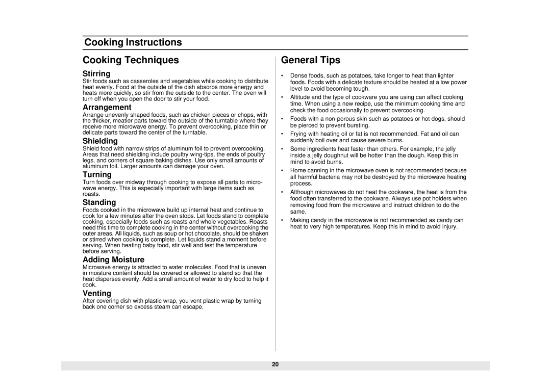 Samsung MO1450WA owner manual Cooking Instructions Cooking Techniques, General Tips 