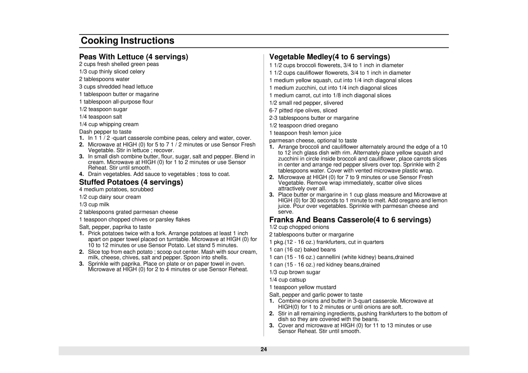 Samsung MO1450WA owner manual Peas With Lettuce 4 servings, Stuffed Potatoes 4 servings, Vegetable Medley4 to 6 servings 