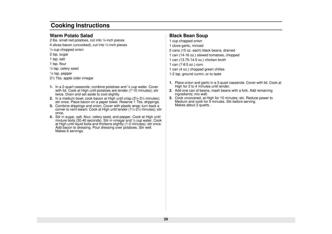 Samsung MO1450WA owner manual Warm Potato Salad, Black Bean Soup 