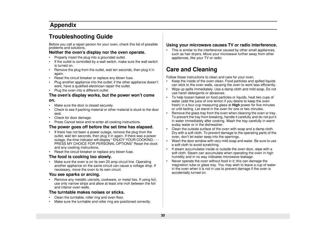 Samsung MO1450WA owner manual Appendix Troubleshooting Guide, Care and Cleaning 