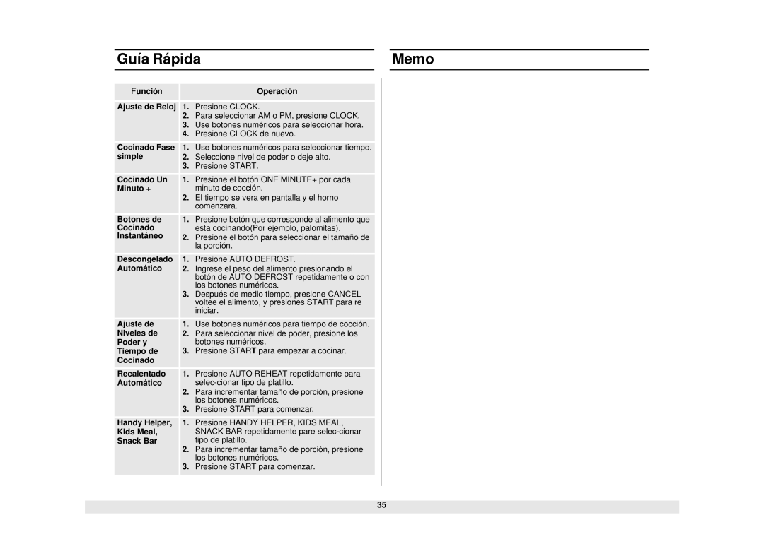 Samsung MO1450WA owner manual Guía Rápida Memo, Cocinado Esta cocinandoPor ejemplo, palomitas Instantáneo 