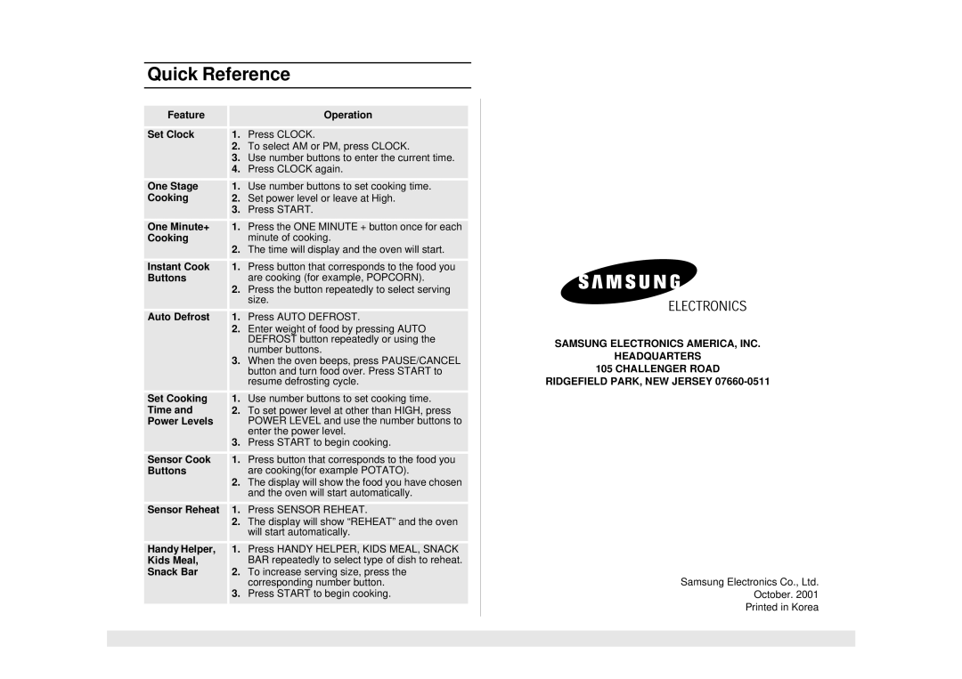 Samsung MO1450WA owner manual Quick Reference, Oven will start automatically 