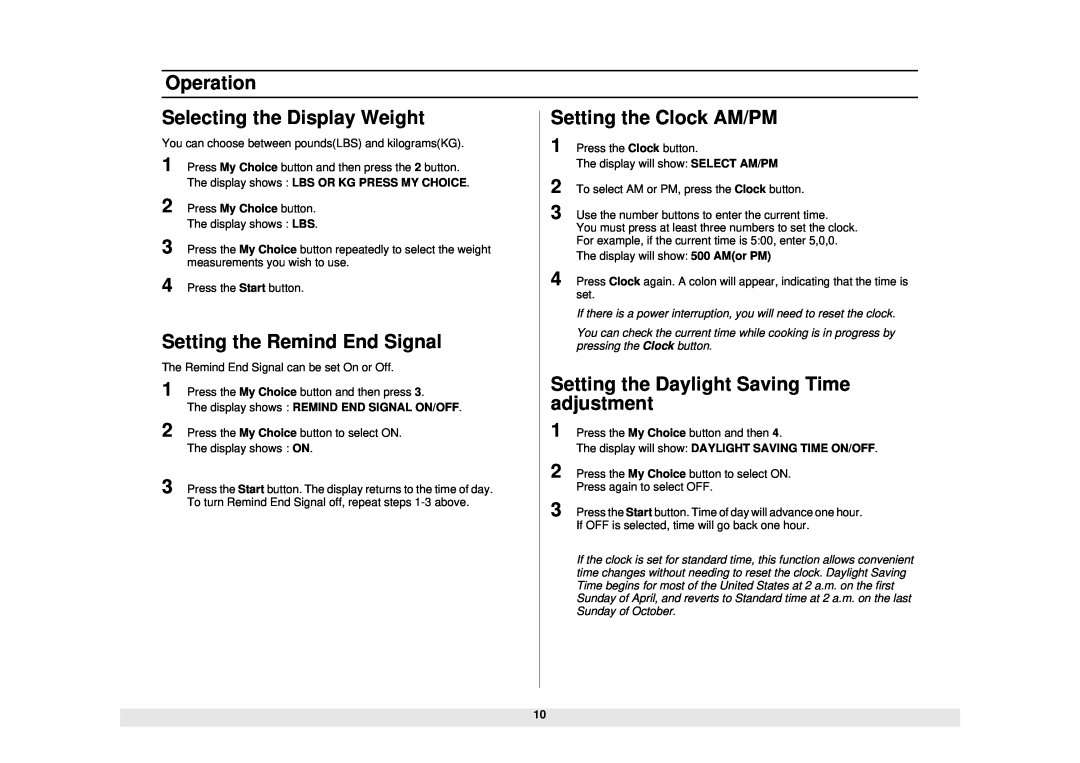 Samsung MO1450WA owner manual Selecting the Display Weight, Setting the Remind End Signal, Operation 