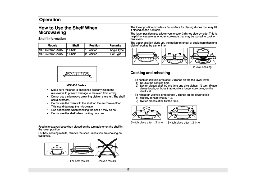 Samsung MO1450WA owner manual How to Use the Shelf When Microwaving, Cooking and reheating, Shelf Information, Operation 