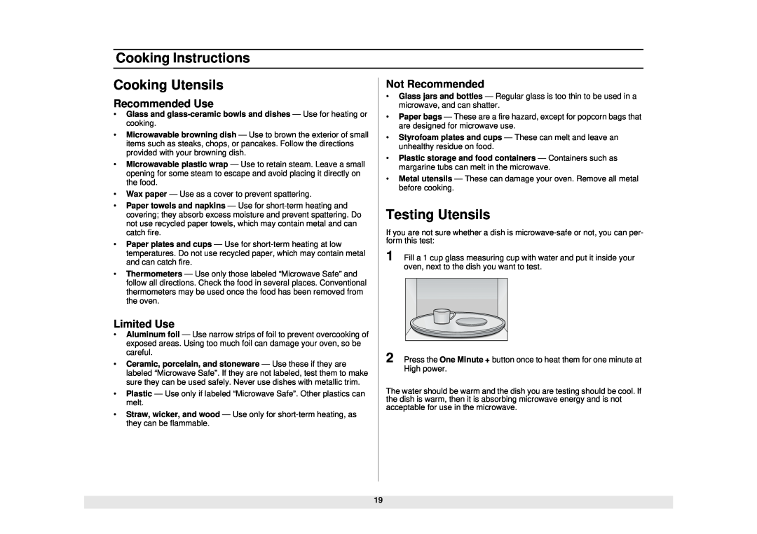 Samsung MO1450WA Cooking Instructions, Cooking Utensils, Testing Utensils, Recommended Use, Limited Use, Not Recommended 