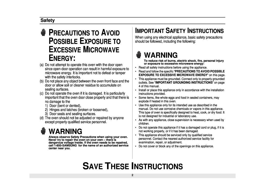 Samsung MO1450WA Save These Instructions, Important Safety Instructions, Precautions To Avoid Possible Exposure To 