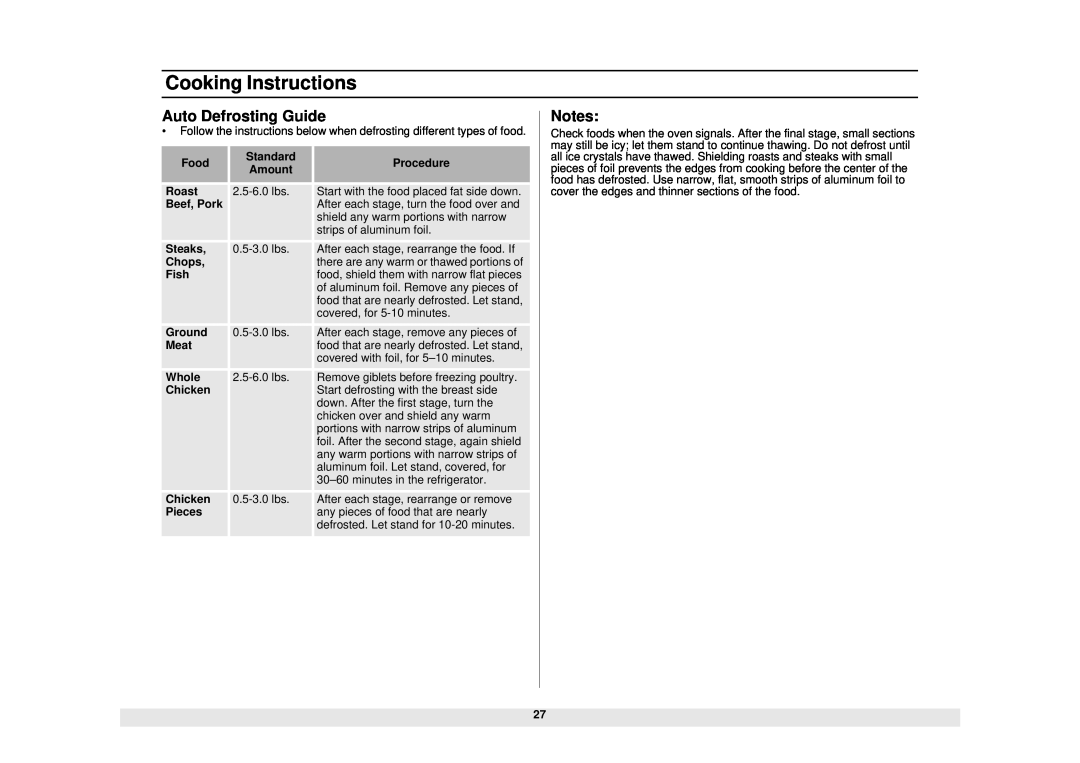 Samsung MO1450WA owner manual Auto Defrosting Guide, Cooking Instructions 