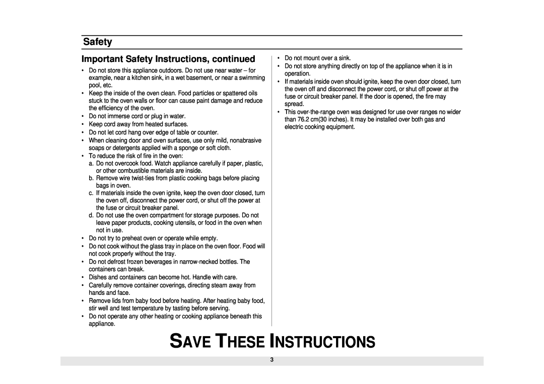Samsung MO1450WA owner manual Save These Instructions, Important Safety Instructions, continued 